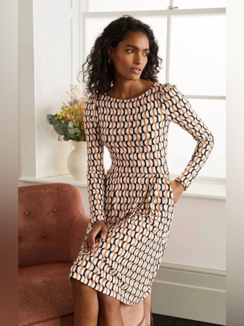 Boden Francesca Dream Cloud Jersey Knit Geometric Long Sleeve Dress Size 12